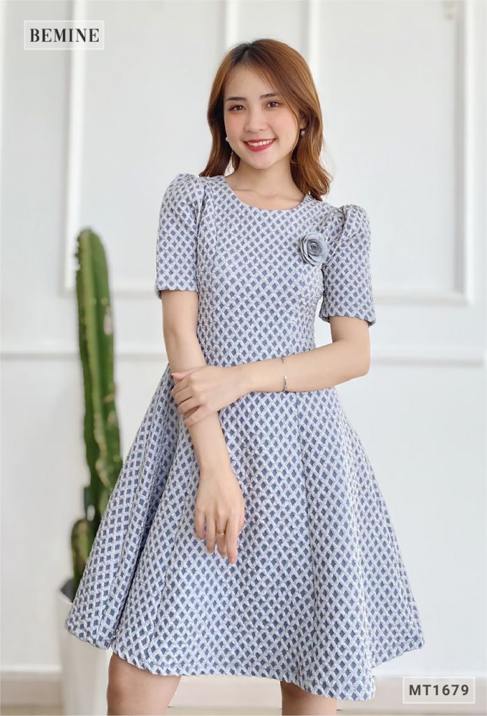 MT1679XANH - Đầm tapta tùng xòe
