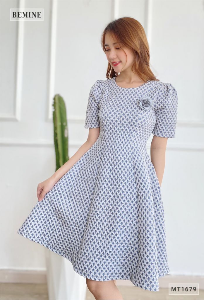 MT1679XANH - Đầm tapta tùng xòe