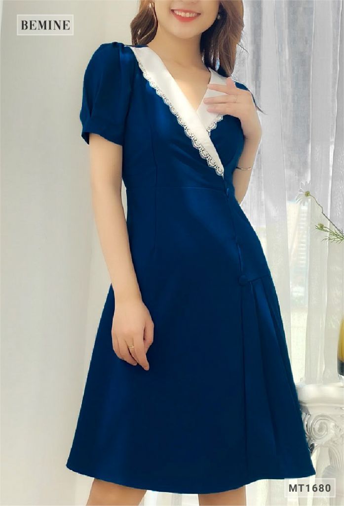 MT1680XANH - Đầm xếp ly tùng đính nút