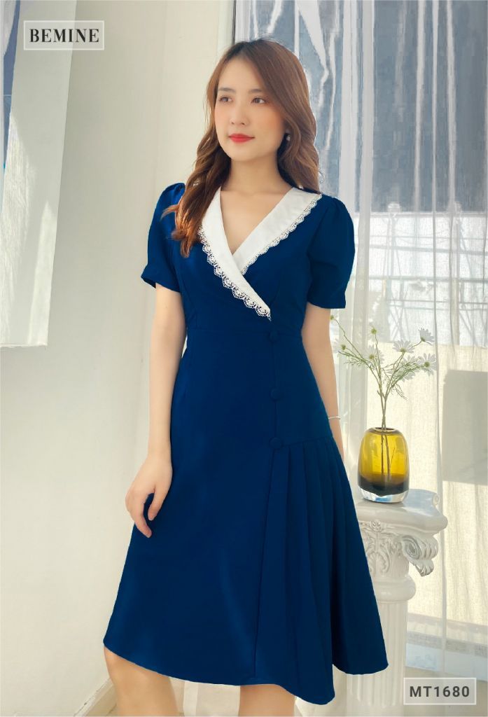 MT1680XANH - Đầm xếp ly tùng đính nút