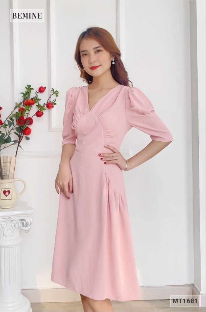 MT1681HONG - Đầm tay lửng xếp ly ngực