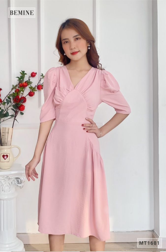 MT1681HONG - Đầm tay lửng xếp ly ngực