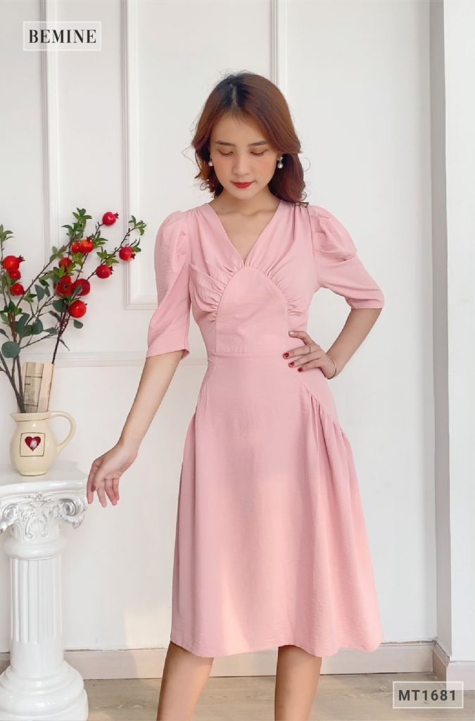 MT1681HONG - Đầm tay lửng xếp ly ngực