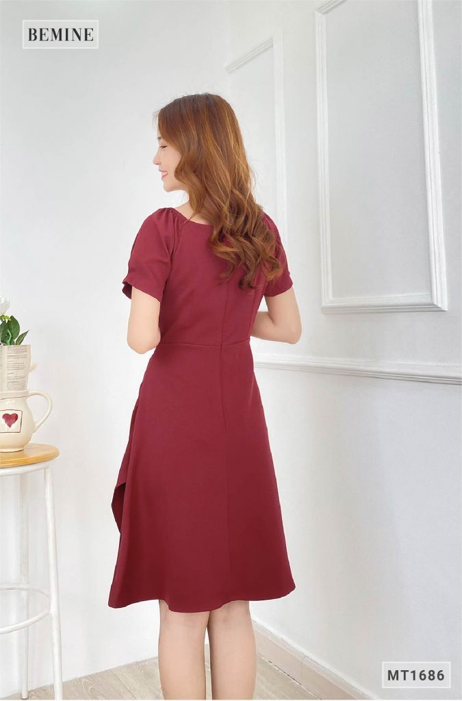 MT1686DO - Đầm nhún ngực vai xếp ly