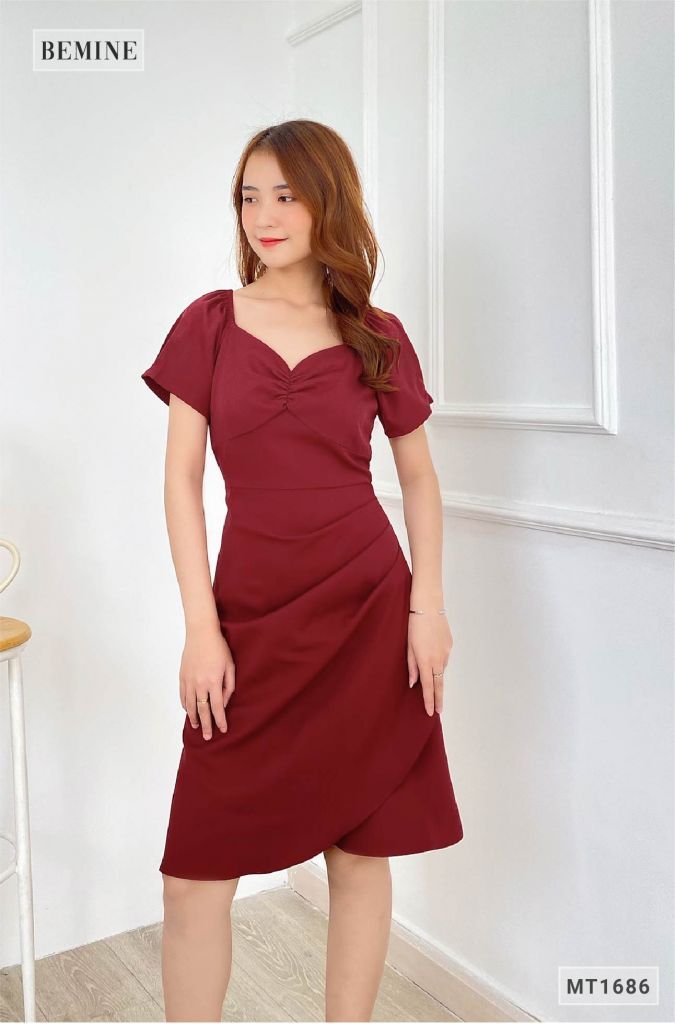 MT1686DO - Đầm nhún ngực vai xếp ly