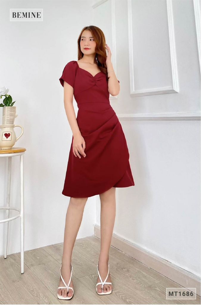 MT1686DO - Đầm nhún ngực vai xếp ly