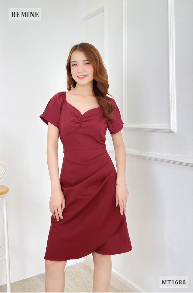 MT1686DO - Đầm nhún ngực vai xếp ly