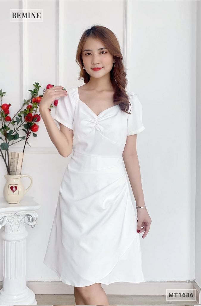 MT1686TRANG - Đầm nhún ngực vai xếp ly