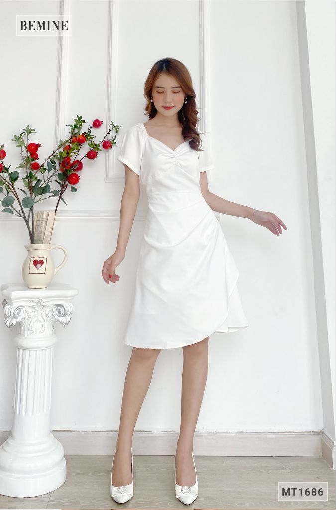 MT1686TRANG - Đầm nhún ngực vai xếp ly