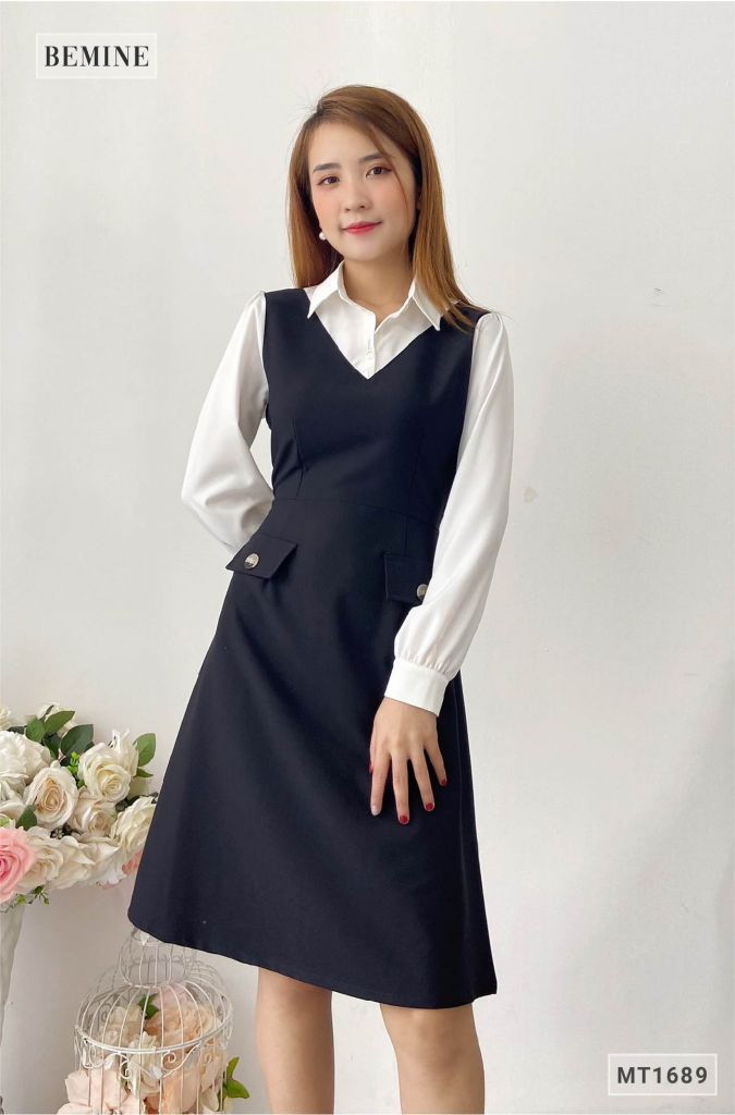 MT1689DEN - Đầm sơ mi tay phối trắng túi đắp