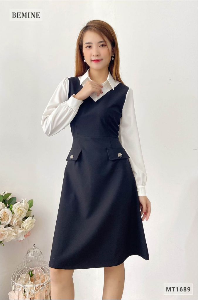 MT1689DEN - Đầm sơ mi tay phối trắng túi đắp