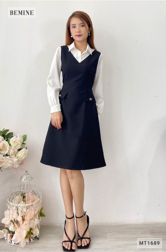 MT1689DEN - Đầm sơ mi tay phối trắng túi đắp