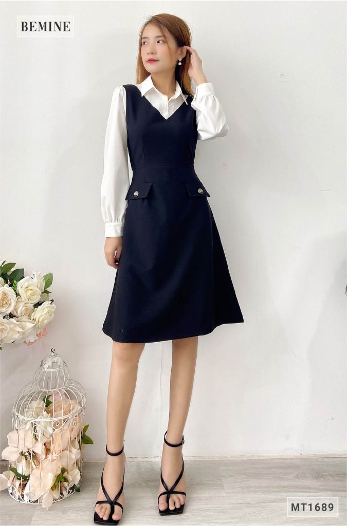 MT1689DEN - Đầm sơ mi tay phối trắng túi đắp