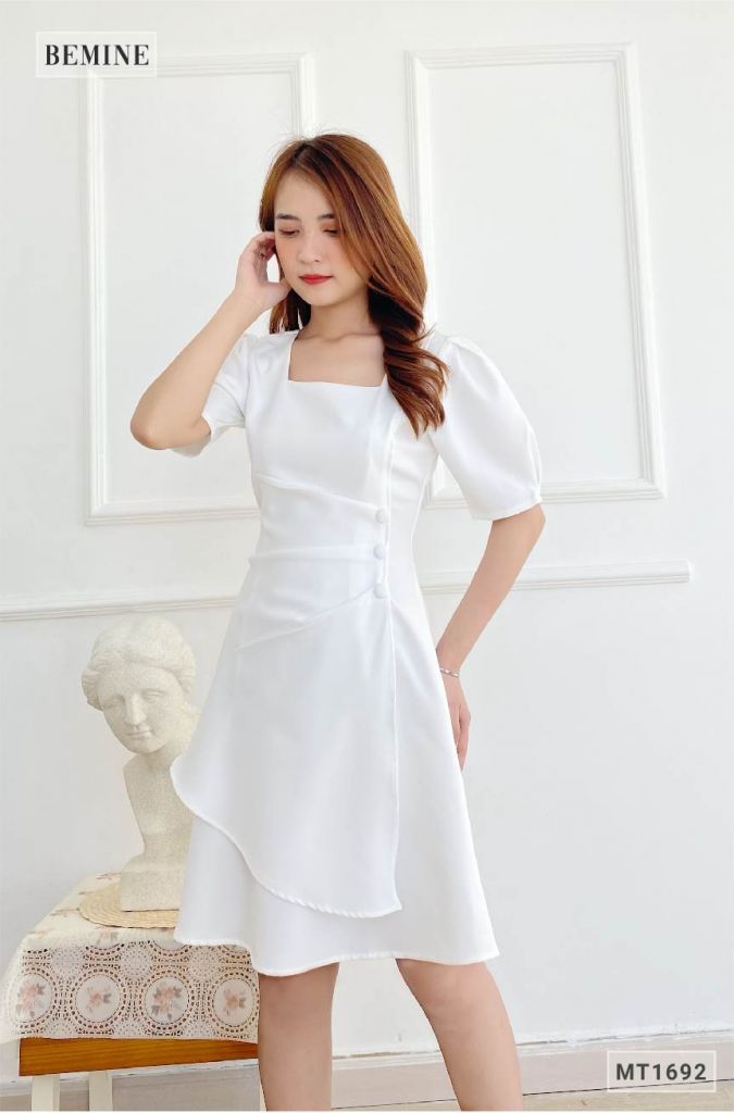 MT1692TRANG - Đầm xếp ly 3 cúc vạt tùng
