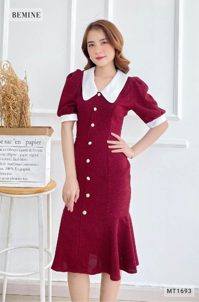 MT1693DO - Đầm body đuôi cá phối cổ
