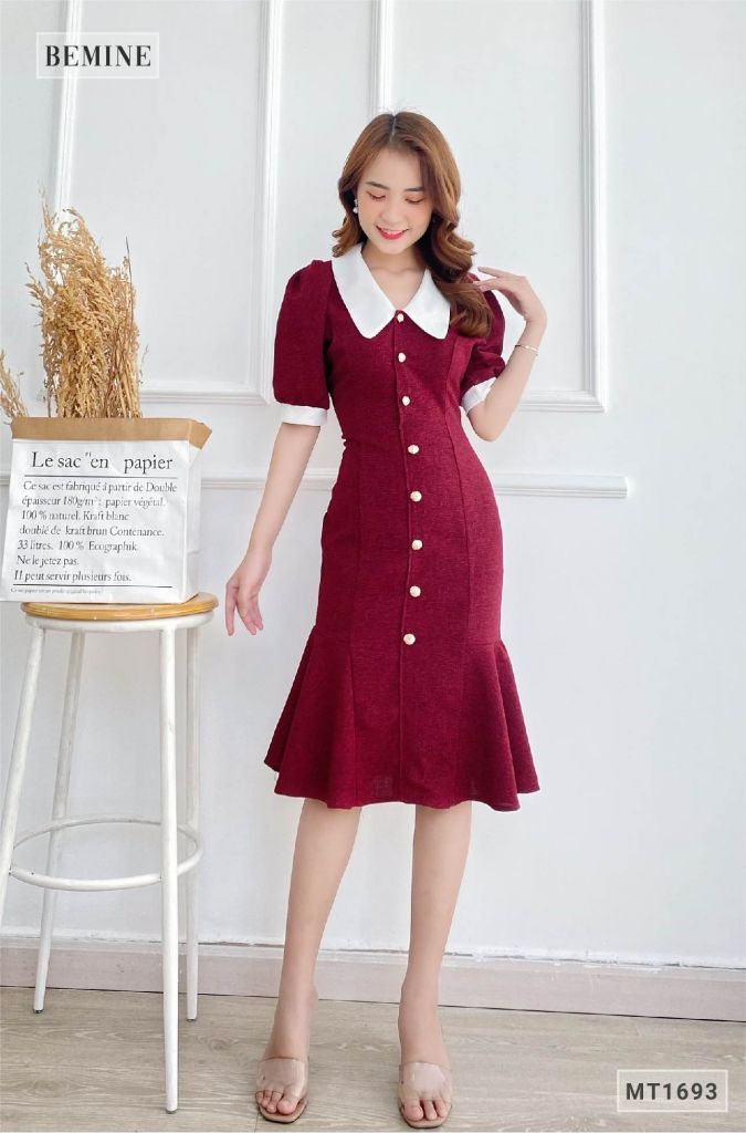 MT1693DO - Đầm body đuôi cá phối cổ