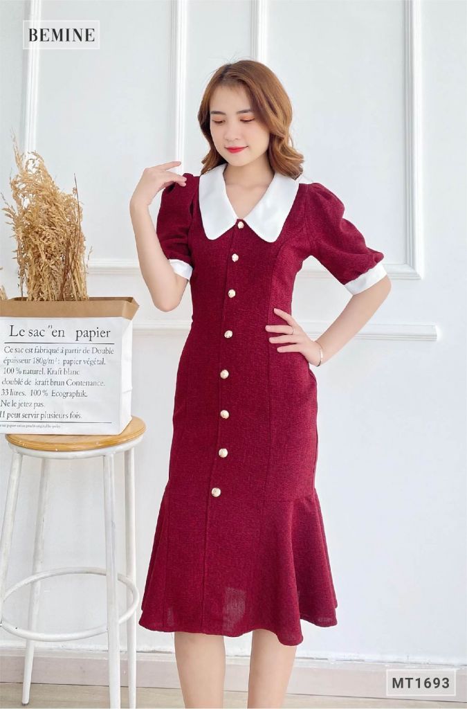 MT1693DO - Đầm body đuôi cá phối cổ