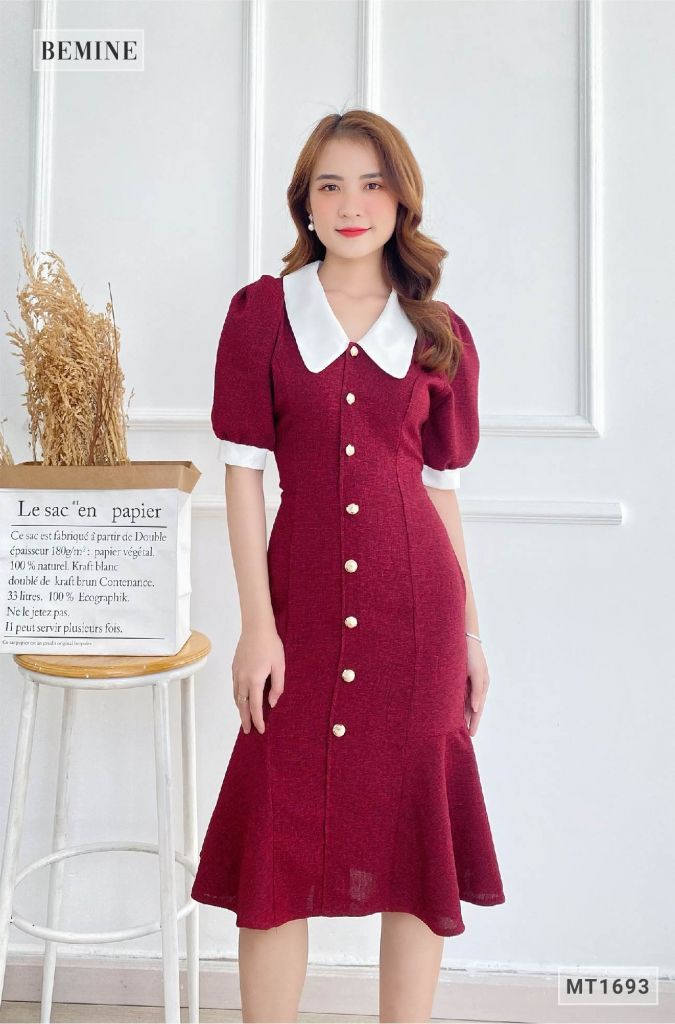 MT1693DO - Đầm body đuôi cá phối cổ