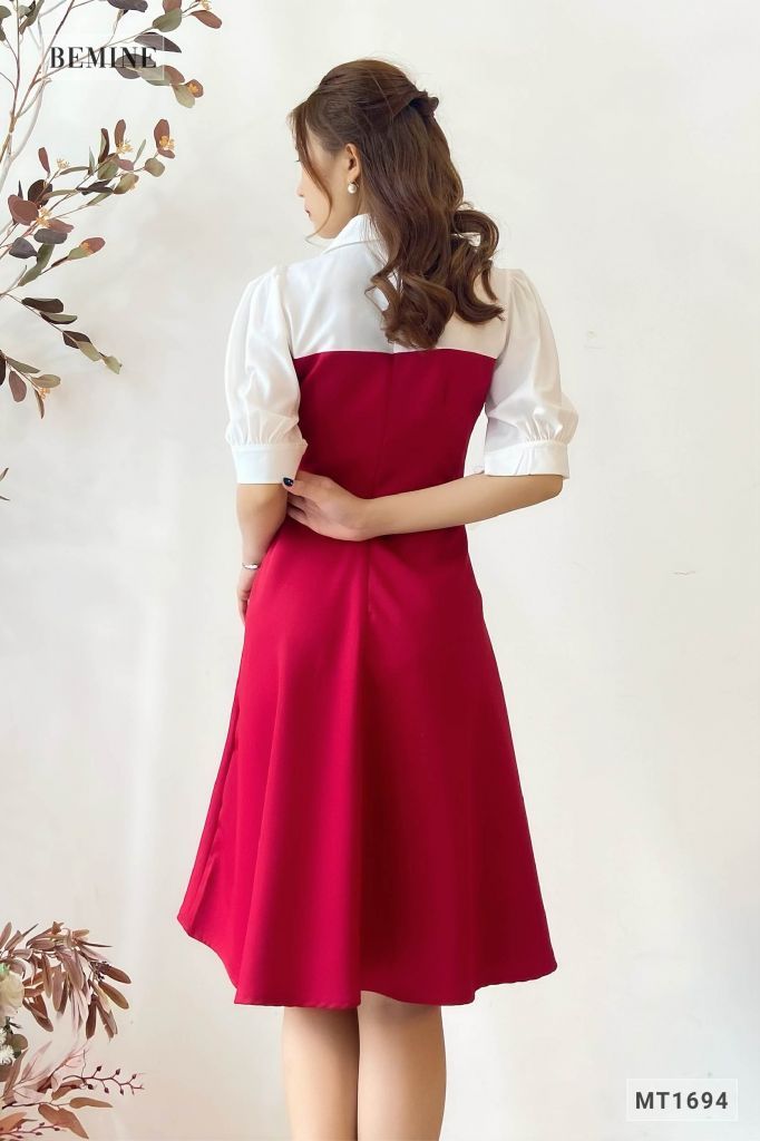 MT1694DO - Đầm tay phồng phối trắng