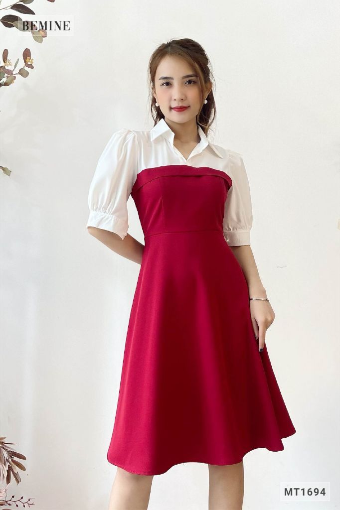 MT1694DO - Đầm tay phồng phối trắng