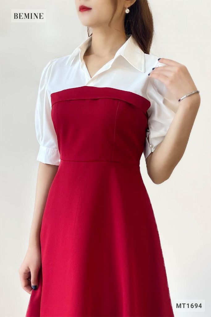 MT1694DO - Đầm tay phồng phối trắng