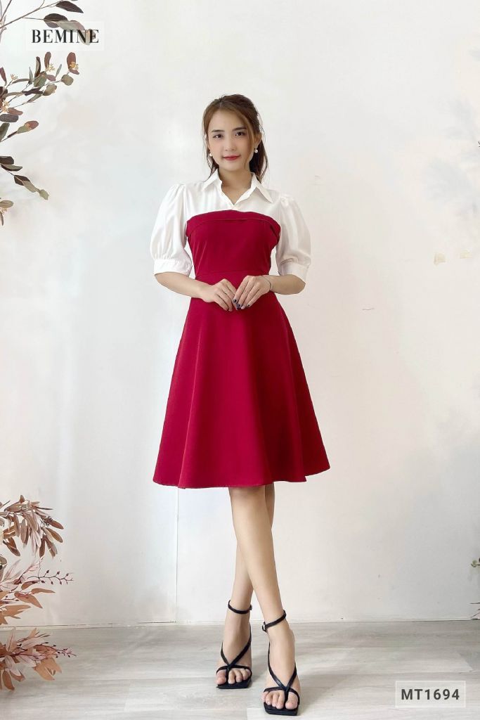MT1694DO - Đầm tay phồng phối trắng