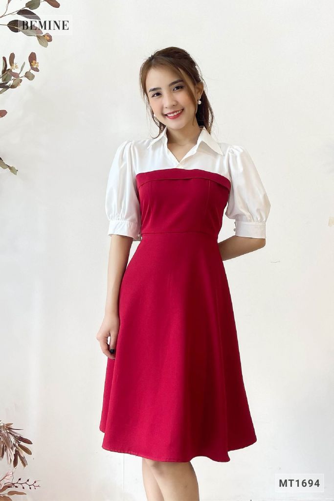 MT1694DO - Đầm tay phồng phối trắng