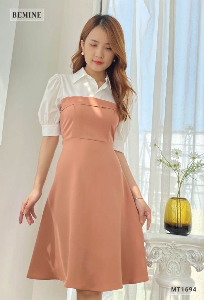 MT1694NAU - Đầm tay phồng phối trắng