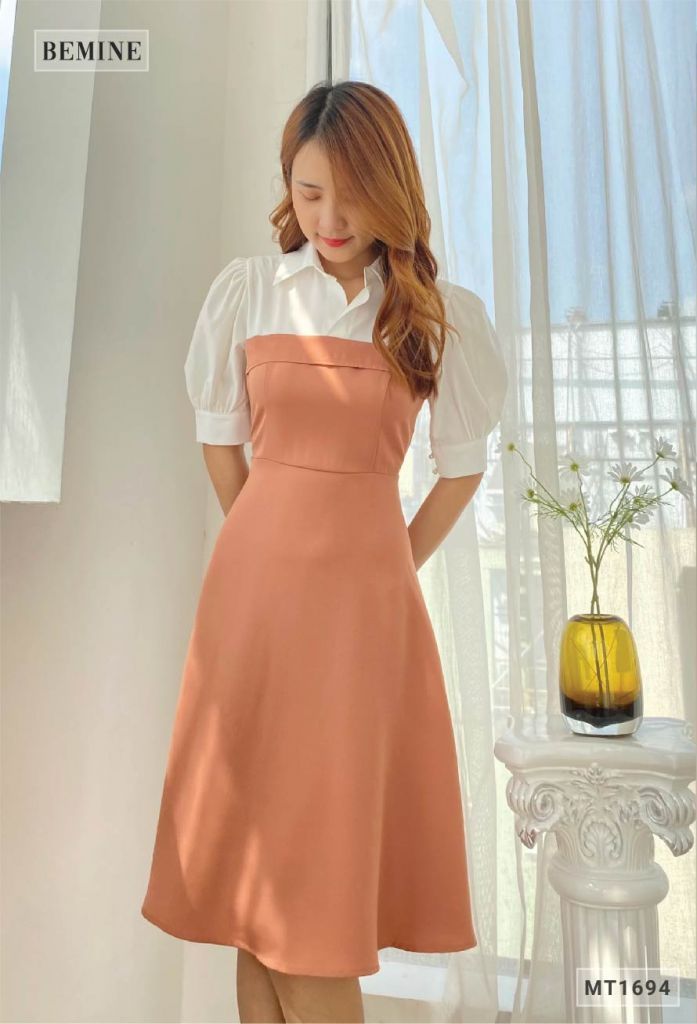 MT1694NAU - Đầm tay phồng phối trắng