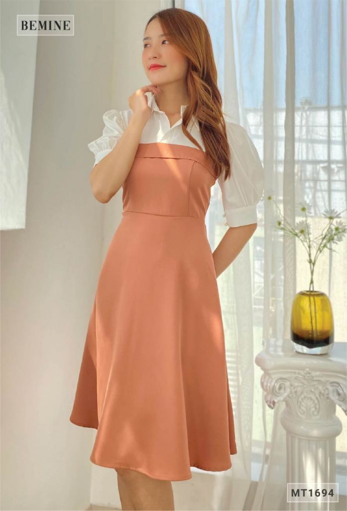 MT1694NAU - Đầm tay phồng phối trắng