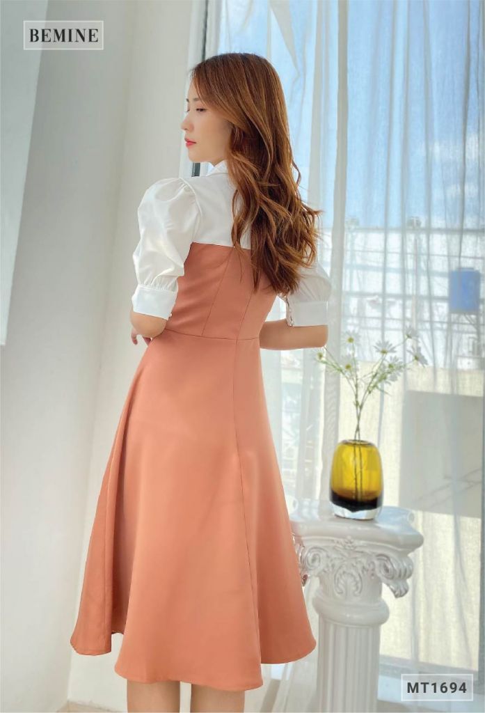 MT1694NAU - Đầm tay phồng phối trắng