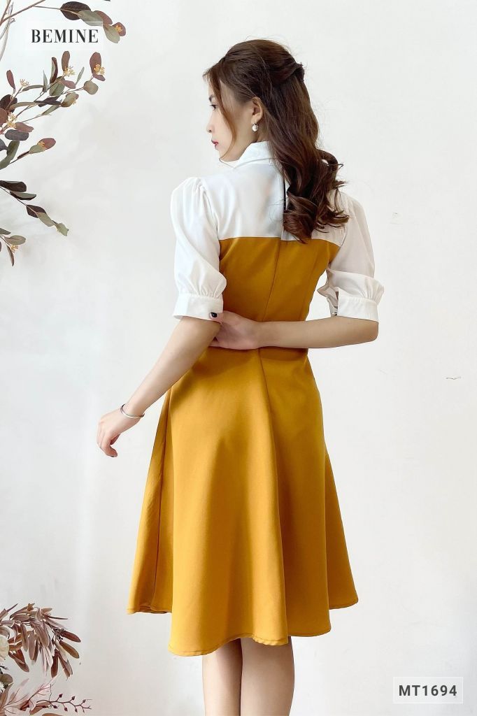 MT1694VANG - Đầm tay phồng phối trắng