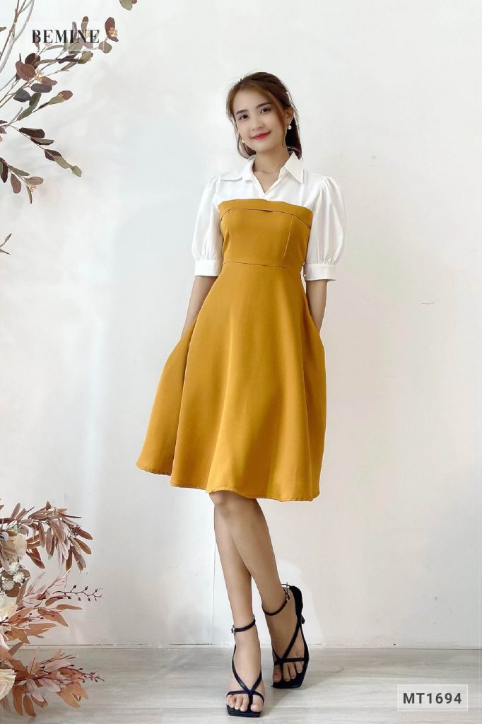 MT1694VANG - Đầm tay phồng phối trắng
