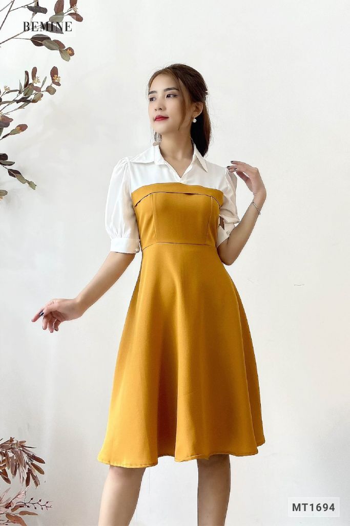 MT1694VANG - Đầm tay phồng phối trắng
