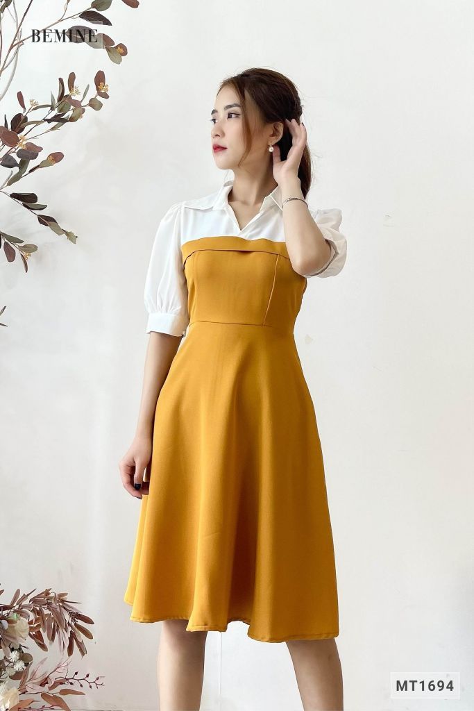 MT1694VANG - Đầm tay phồng phối trắng