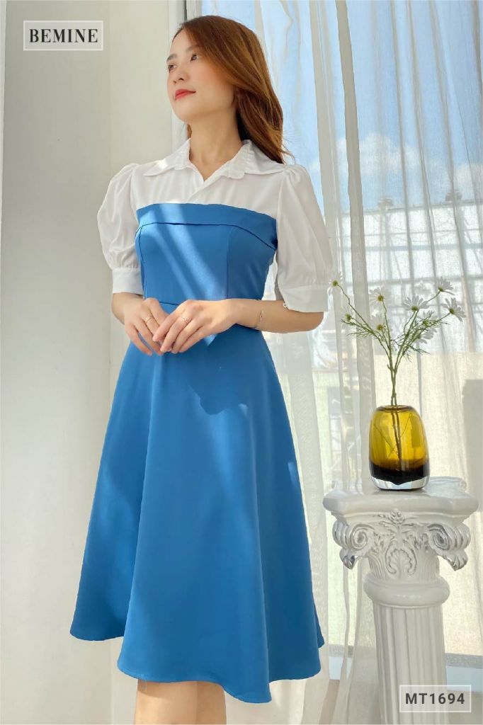 MT1694XANH - Đầm tay phồng phối trắng