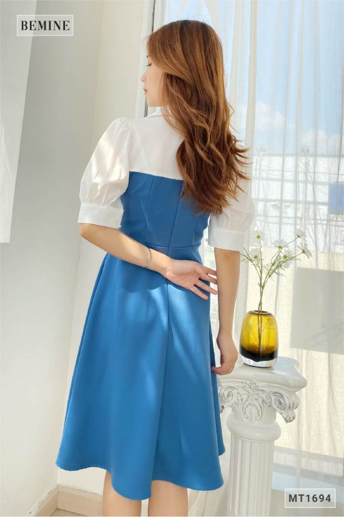 MT1694XANH - Đầm tay phồng phối trắng