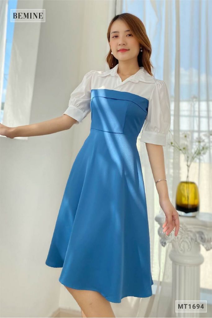 MT1694XANH - Đầm tay phồng phối trắng