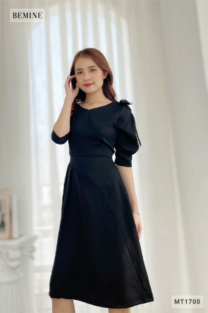MT1700DEN - Đầm cổ tym xếp ly eo nơ vai