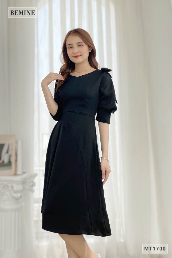 MT1700DEN - Đầm cổ tym xếp ly eo nơ vai