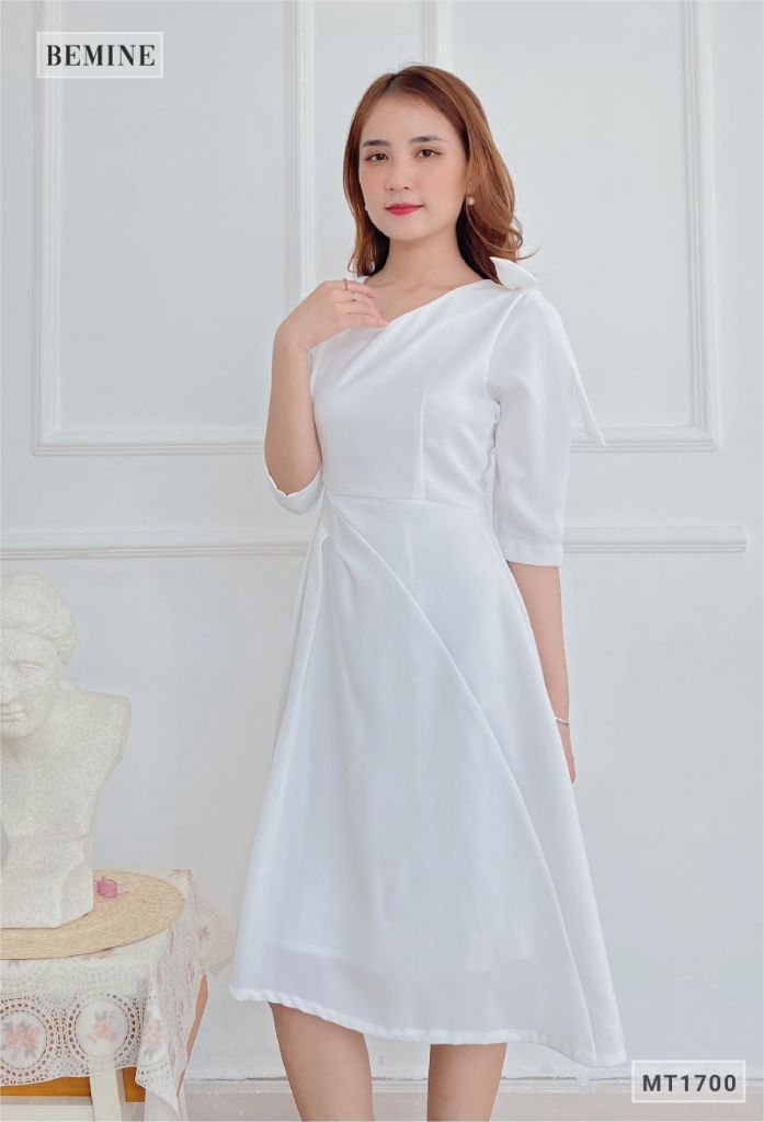 MT1700TRANG - Đầm cổ tym xếp ly eo nơ vai