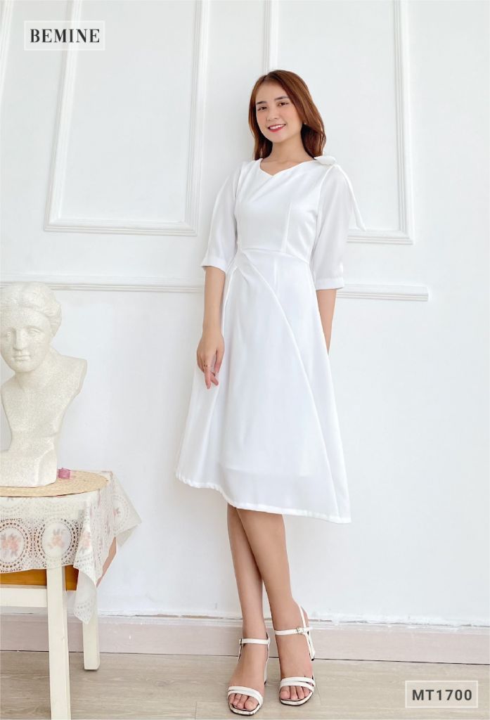 MT1700TRANG - Đầm cổ tym xếp ly eo nơ vai