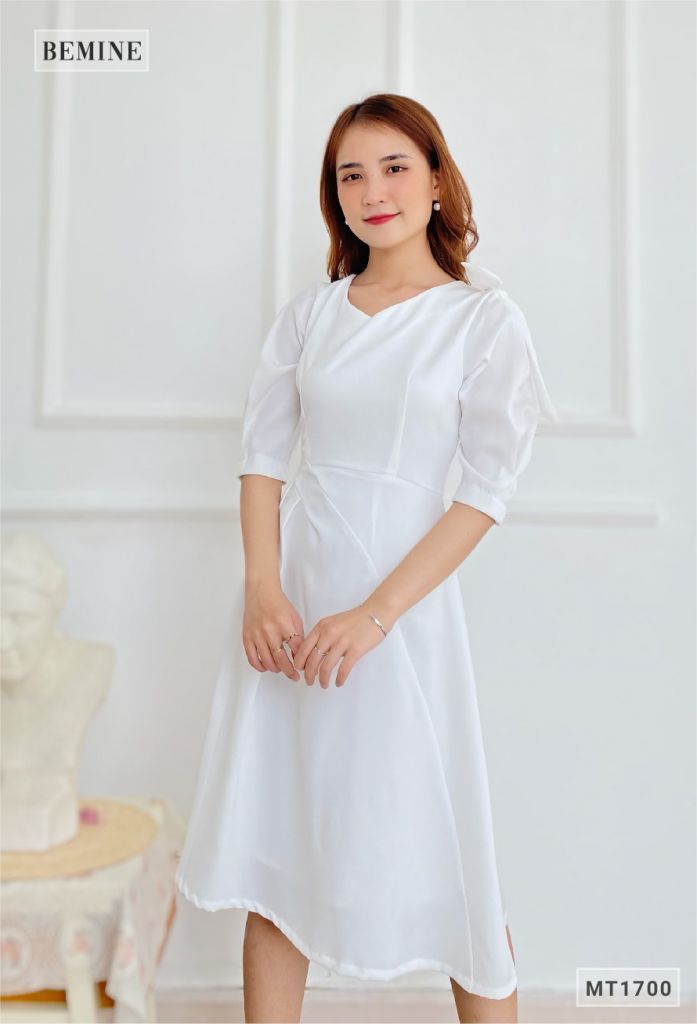 MT1700TRANG - Đầm cổ tym xếp ly eo nơ vai