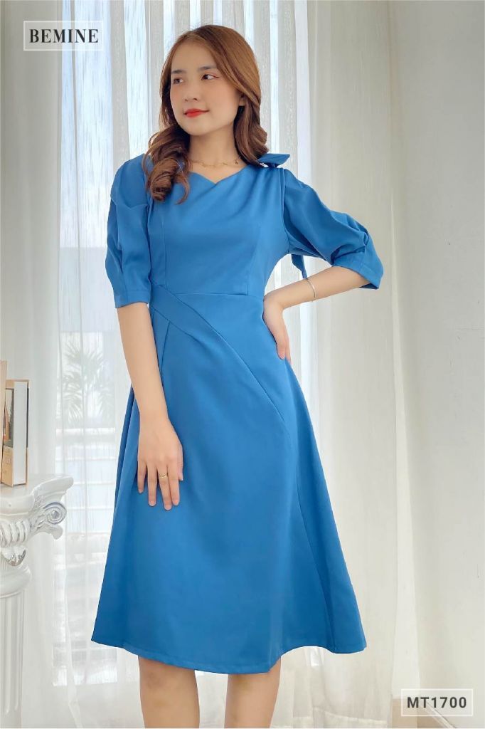MT1700XANH - Đầm cổ tym xếp ly eo nơ vai