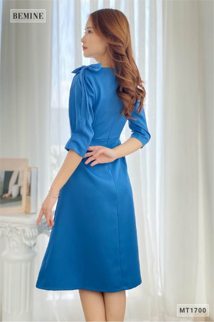 MT1700XANH - Đầm cổ tym xếp ly eo nơ vai