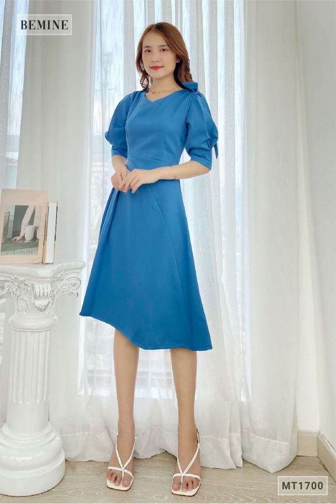 MT1700XANH - Đầm cổ tym xếp ly eo nơ vai