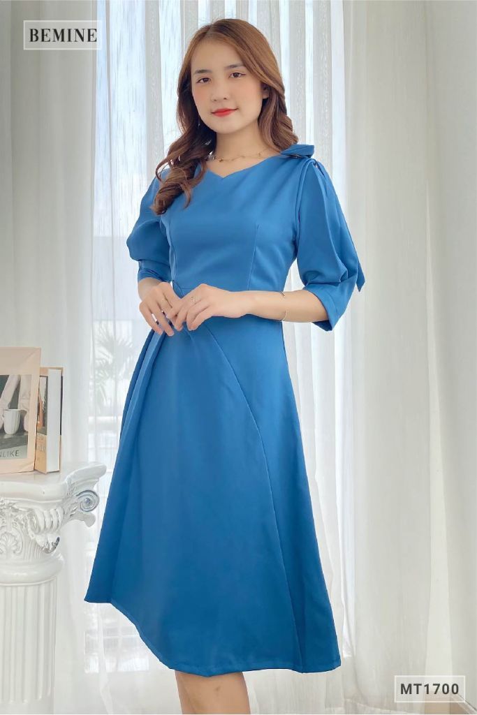 MT1700XANH - Đầm cổ tym xếp ly eo nơ vai
