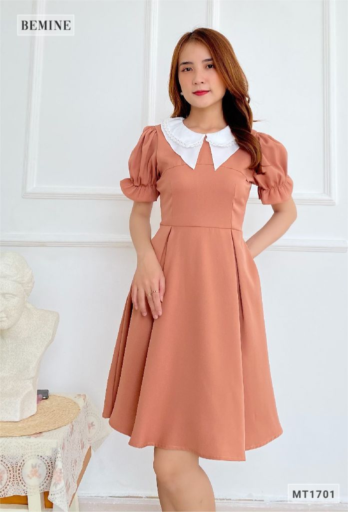 MT1701DA - Đầm nhún tay cổ phối 2 tầng