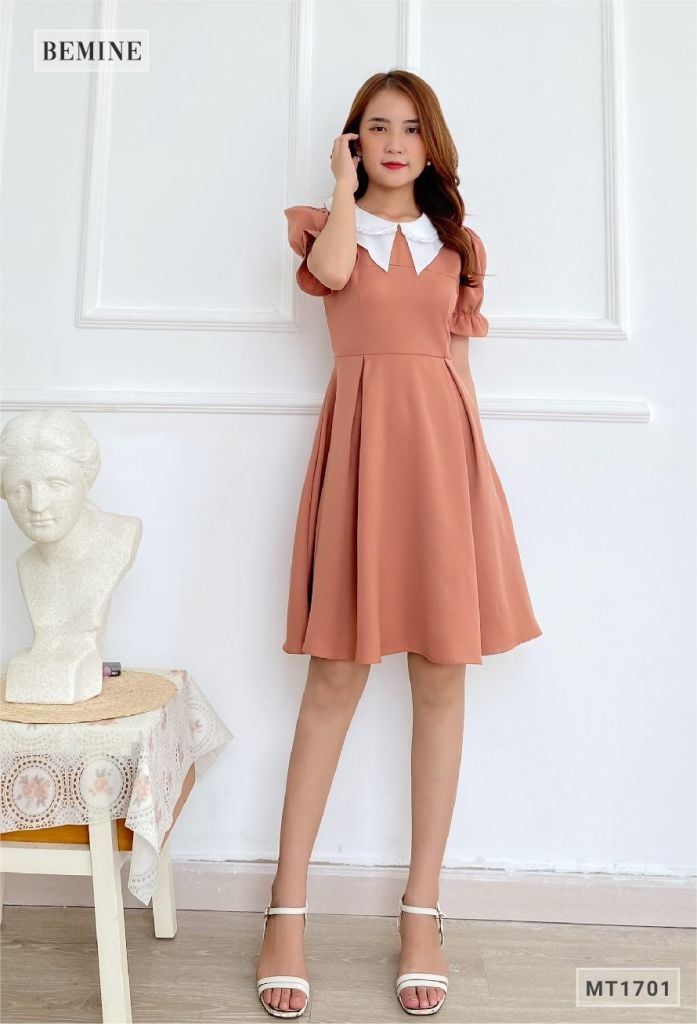 MT1701DA - Đầm nhún tay cổ phối 2 tầng