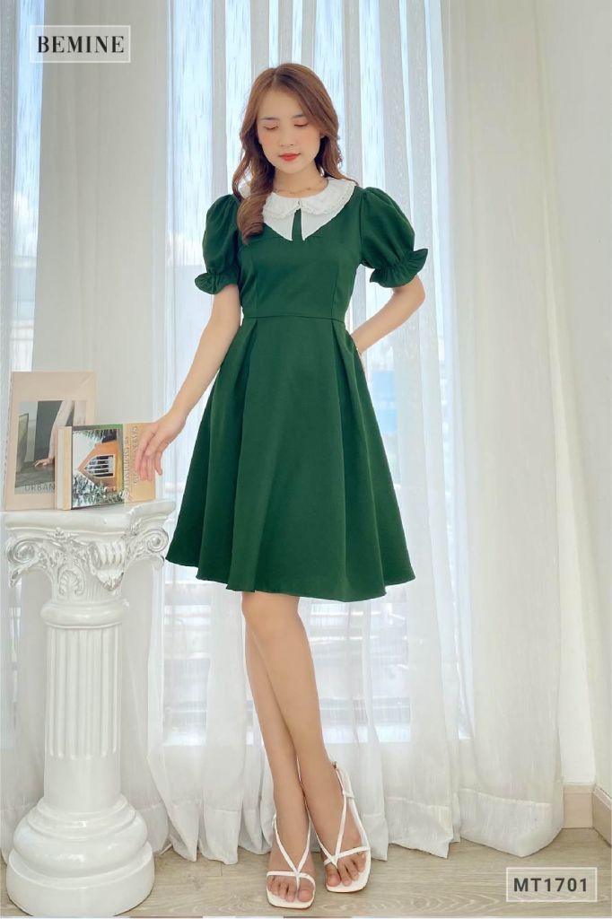 MT1701XANH - Đầm nhún tay cổ phối 2 tầng